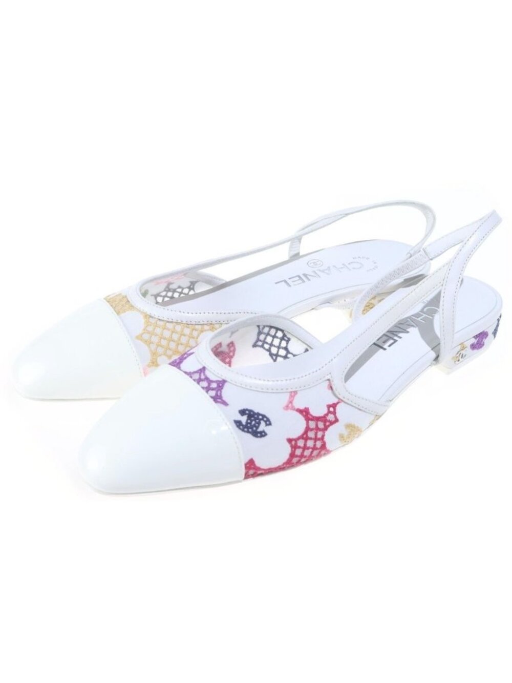 Chanel CC Logo Slingback Pumps Flat Shoes White